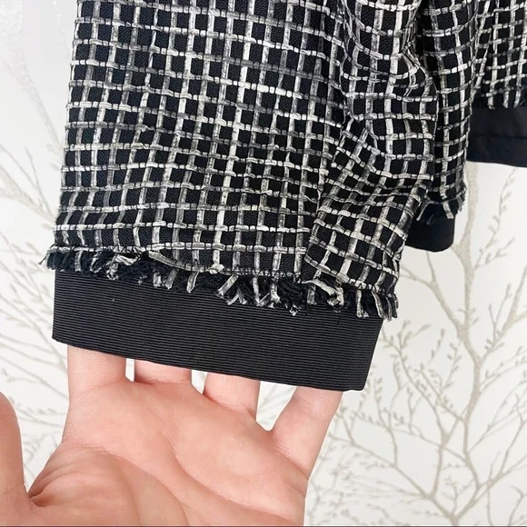 LAFAYETTE 148 NEW YORK Black Textured Tweed Grid Fringe Blazer Jacket 14 office - Picture 9 of 16